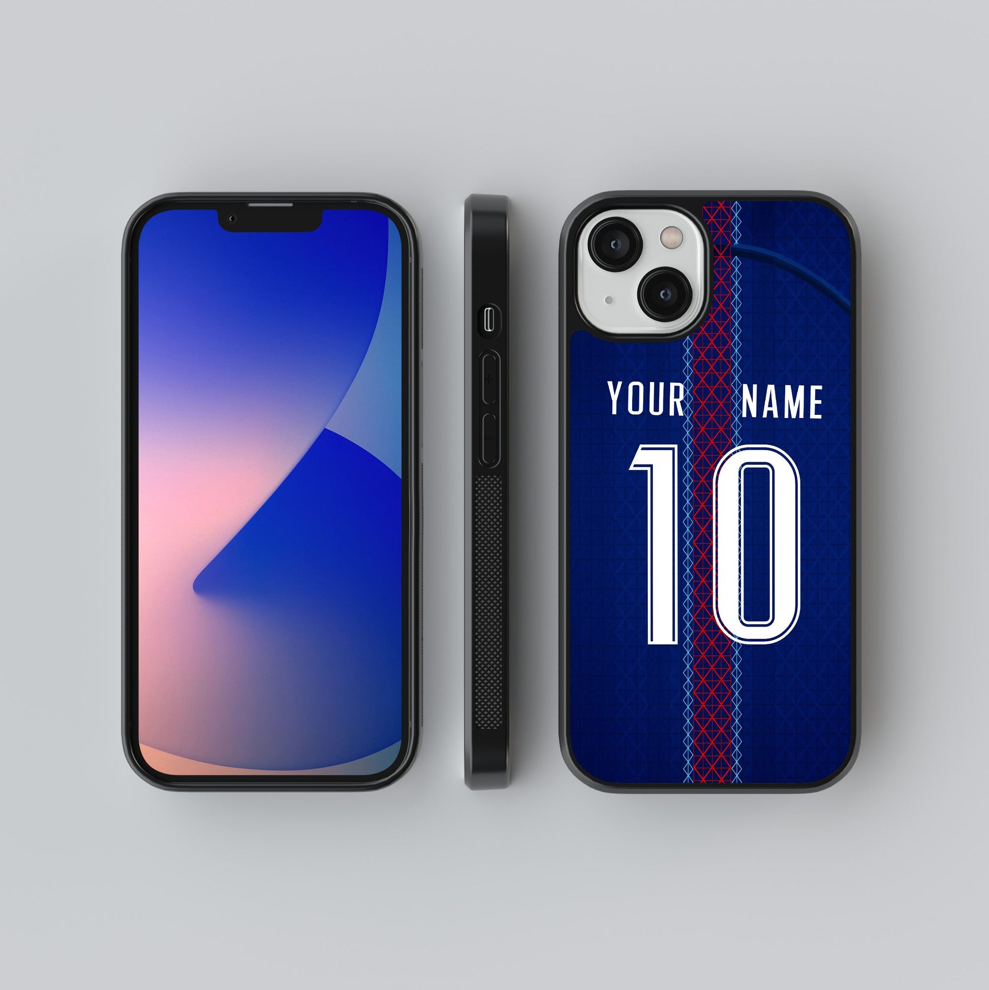 Phone case with customizable name and number design on a gray background
