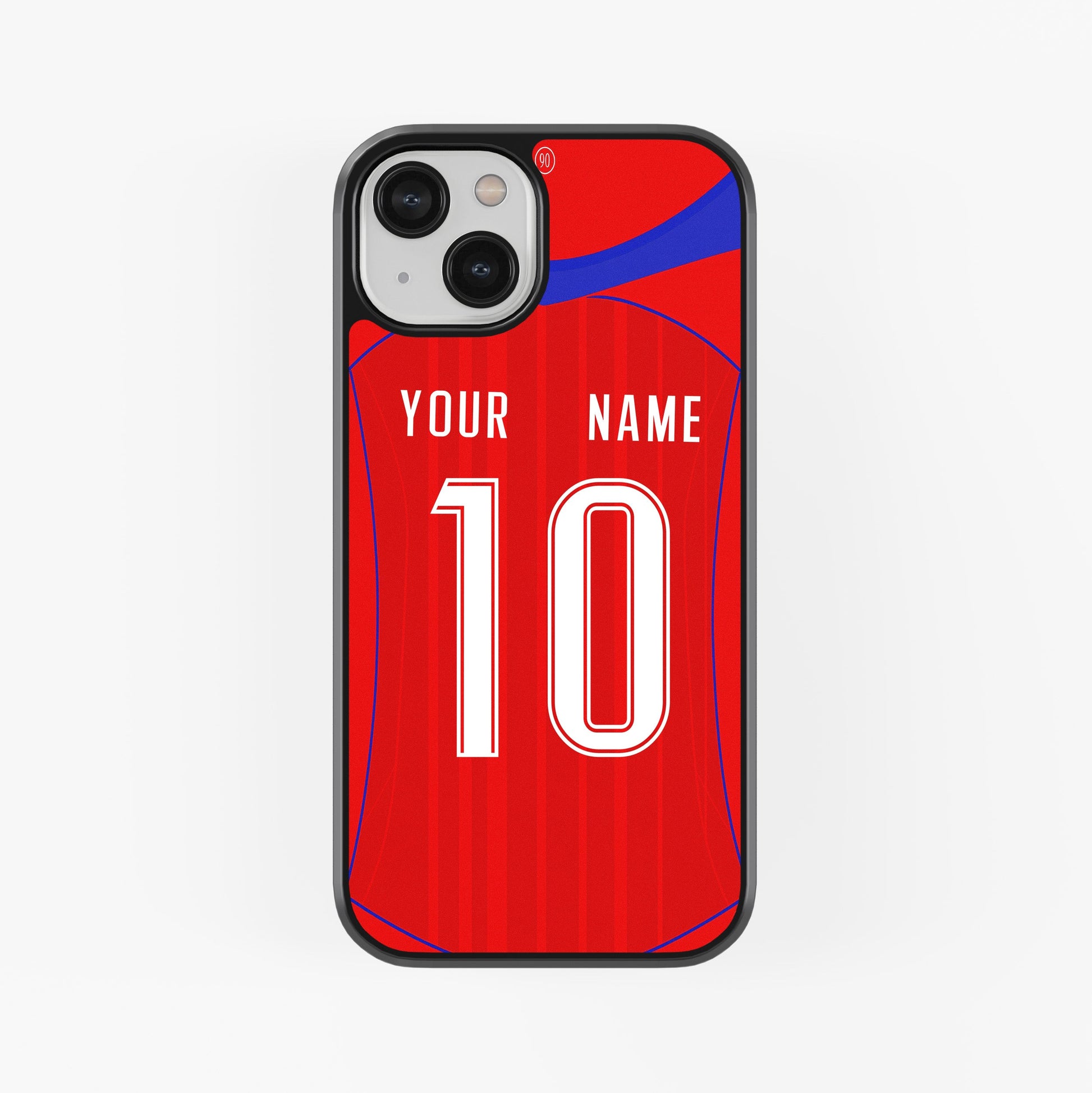 Phone case with red design, white text space, and black camera cutout on a white background