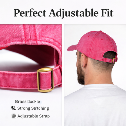 Pink cap with brass buckle, strong stitching, and adjustable strap on a white background.