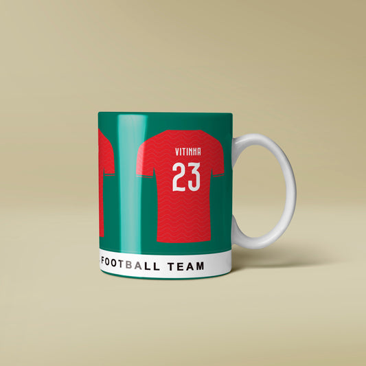 Mug with football team design on a beige background