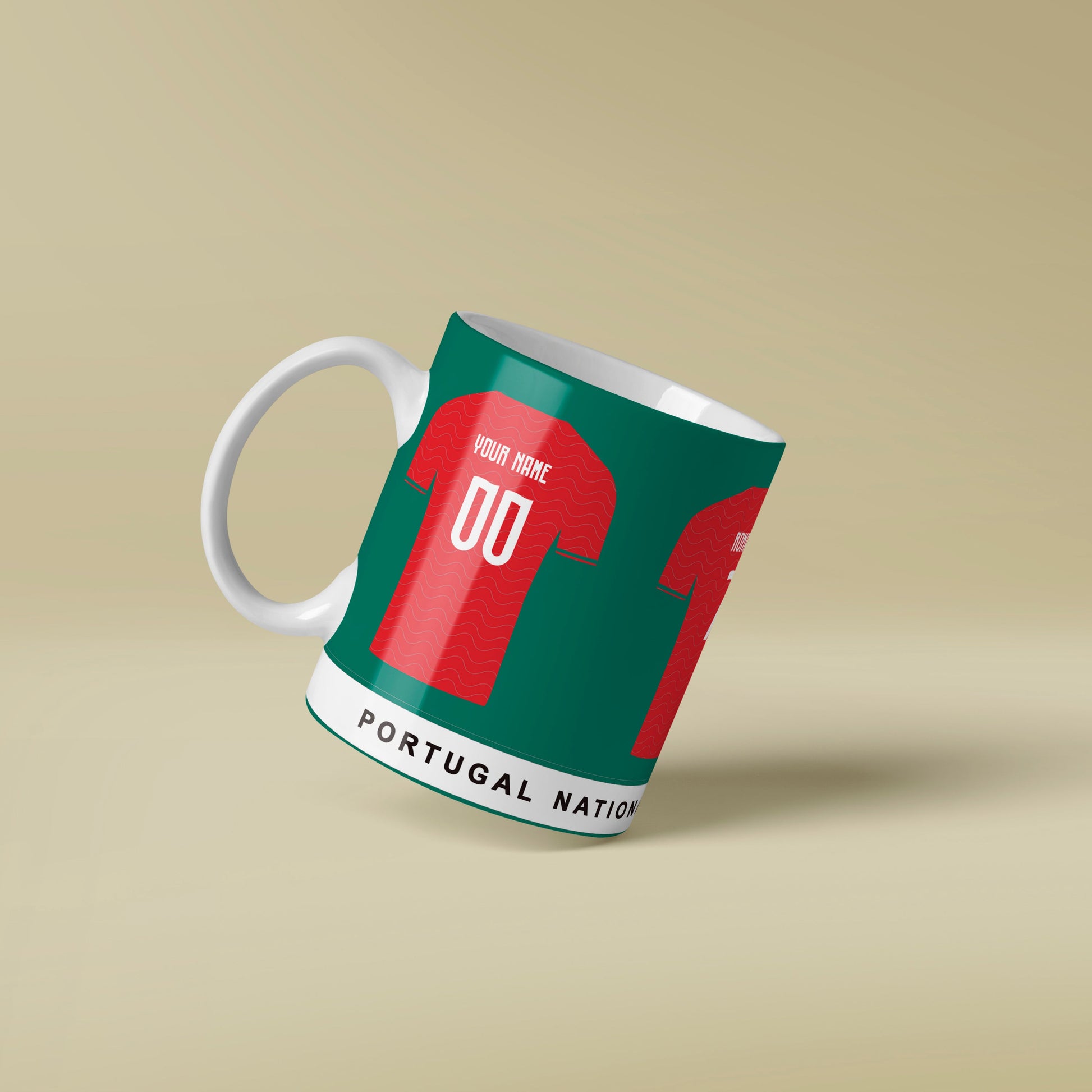 Mug with a design of a Portugal soccer jersey on a beige background