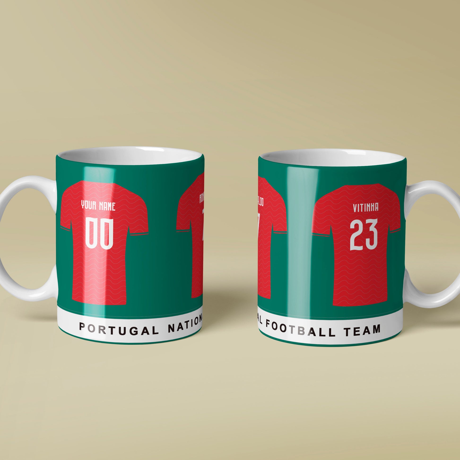 Two mugs with Portugal national football team jerseys on a beige background