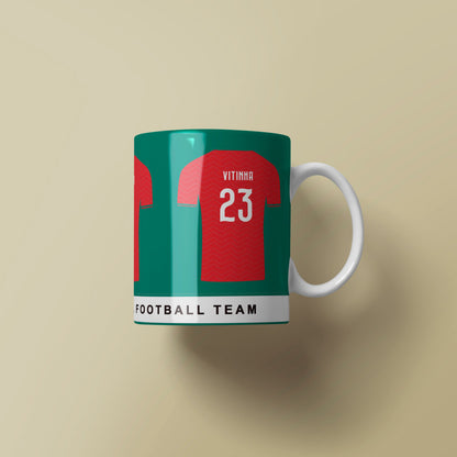 Mug with a design of a football jersey on a beige background