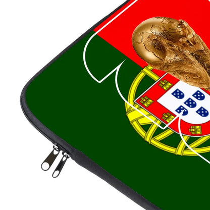 Laptop sleeve with Portuguese flag and soccer ball design on a white background