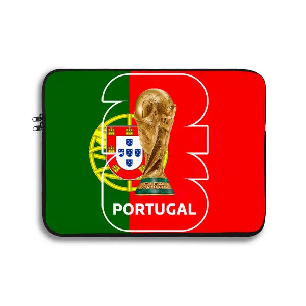 Laptop sleeve with Portuguese flag and World Cup trophy design on a white background