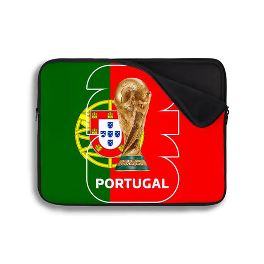 Laptop sleeve with Portugal flag and World Cup trophy design on a white background