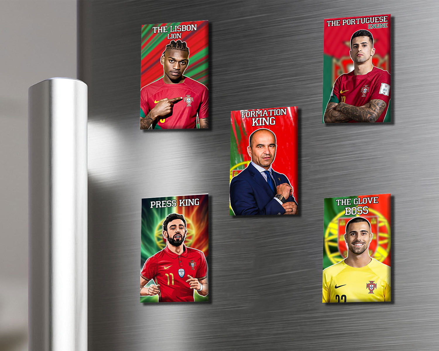 Five framed pictures of a sports figure on a metallic surface