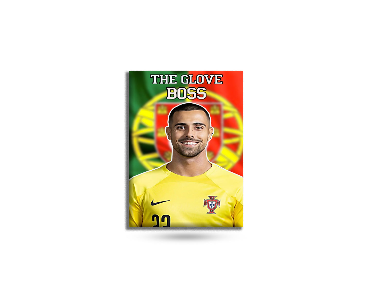 Poster of a soccer player with 'The Glove Boss' text and a flag design.