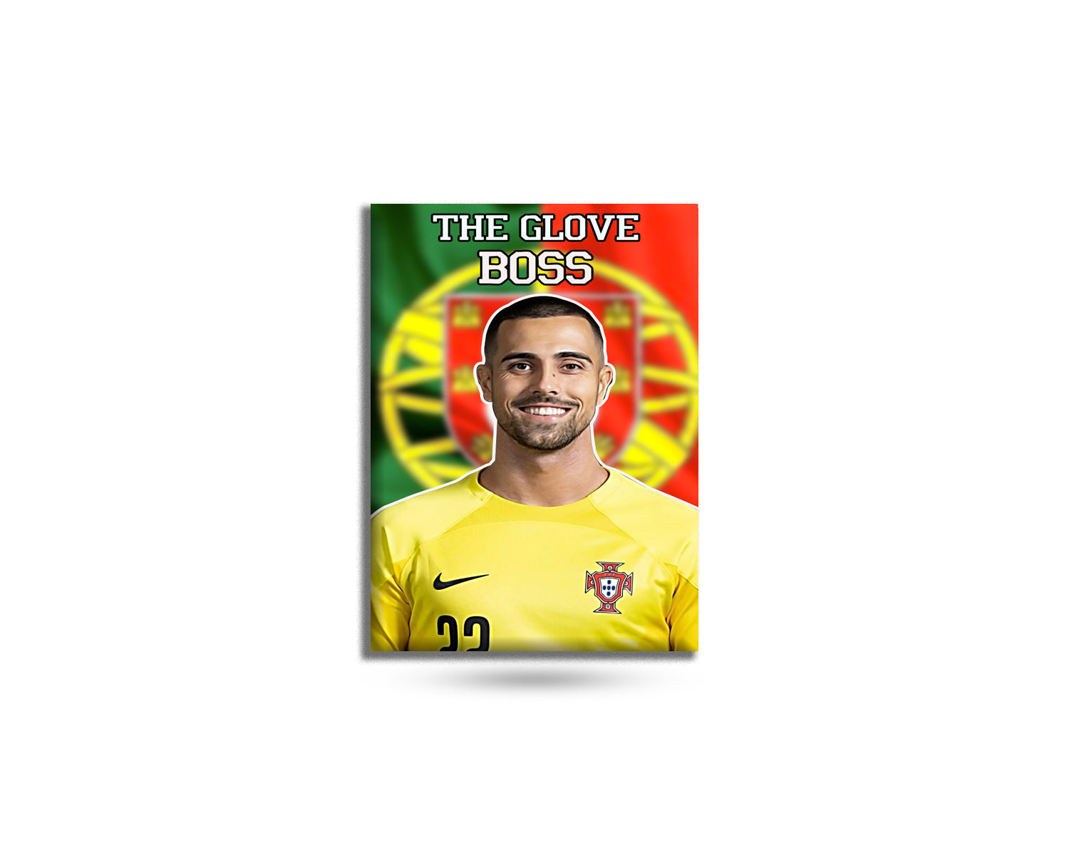 Poster of a soccer player with 'The Glove Boss' text and a flag design.