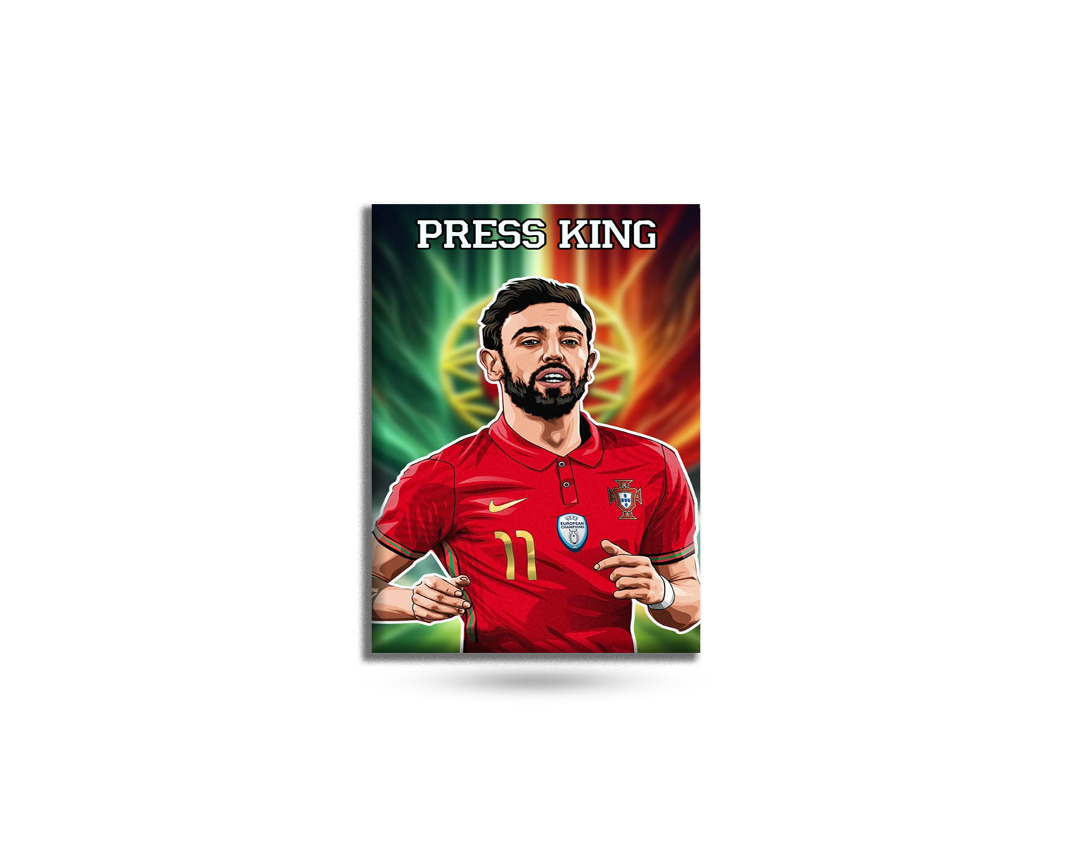 Fridge magnet with a soccer player in a red jersey and 'PRESS KING' text on a white background