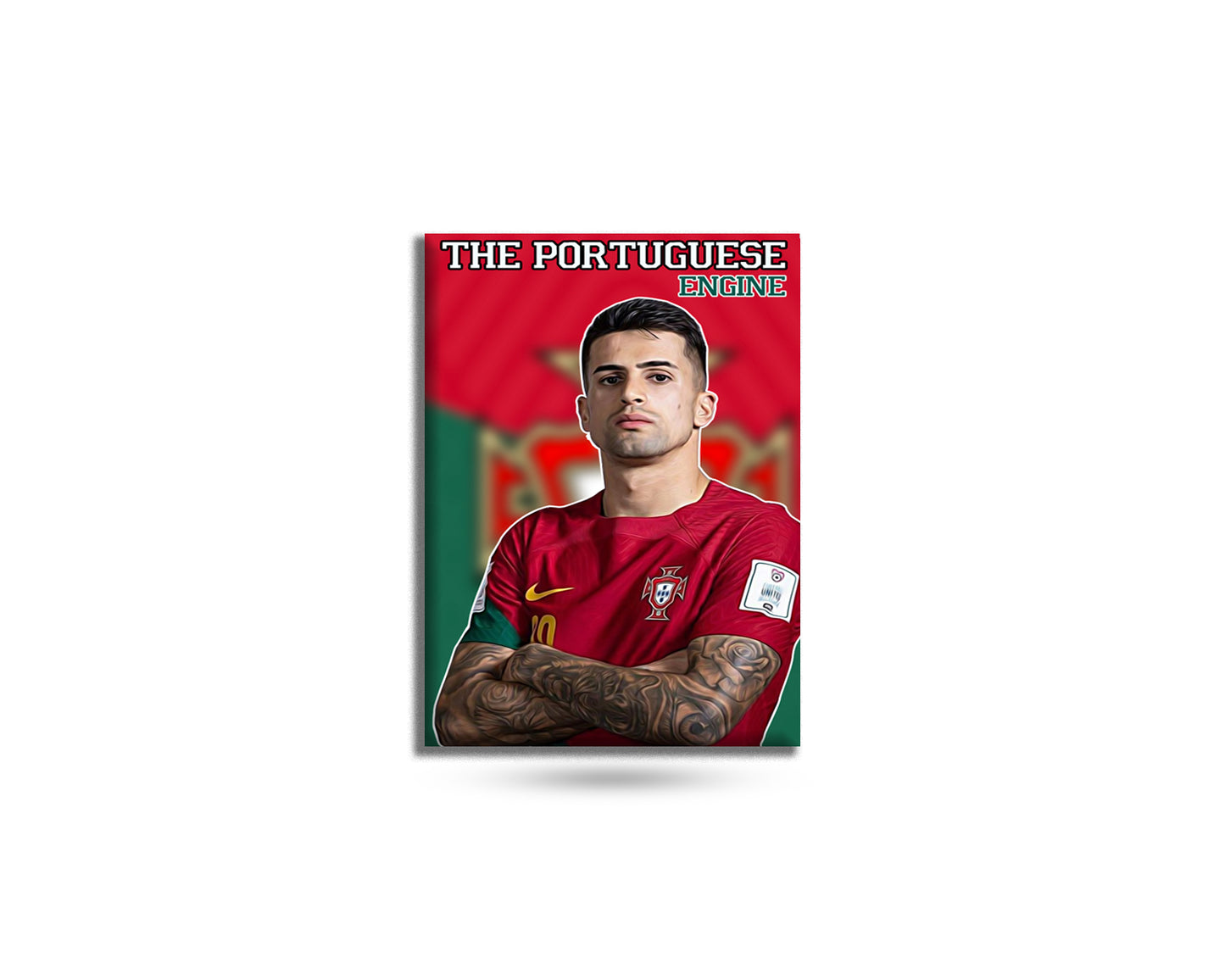 Poster of a soccer player in a red jersey with text 'The Portuguese Engine' on a white background.