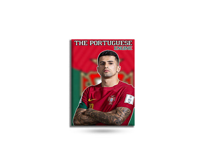 Poster of a soccer player in a red jersey with text 'The Portuguese Engine' on a white background.