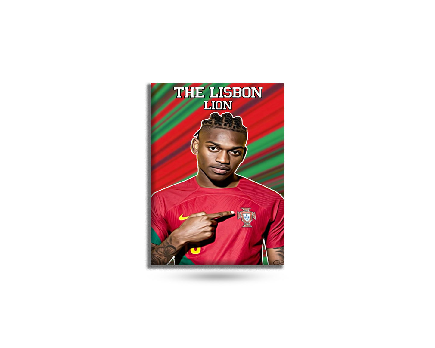 Poster of a soccer player in a red jersey with 'The Lisbon Lion' text on a white background