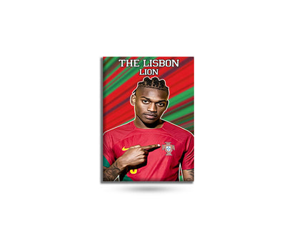 Poster of a soccer player in a red jersey with 'The Lisbon Lion' text on a white background