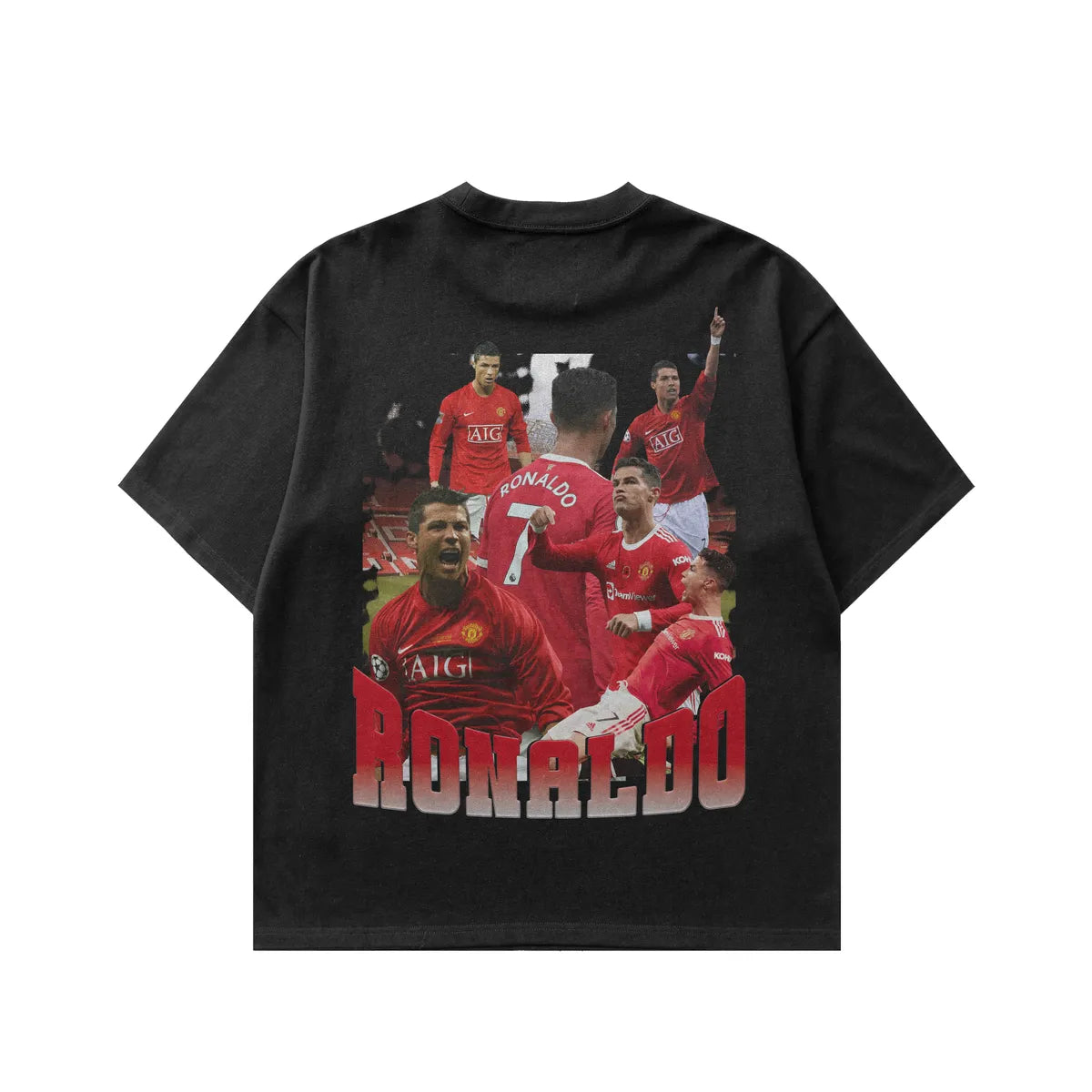 Black t-shirt with soccer player graphics and 'Ronaldo' text on a white background