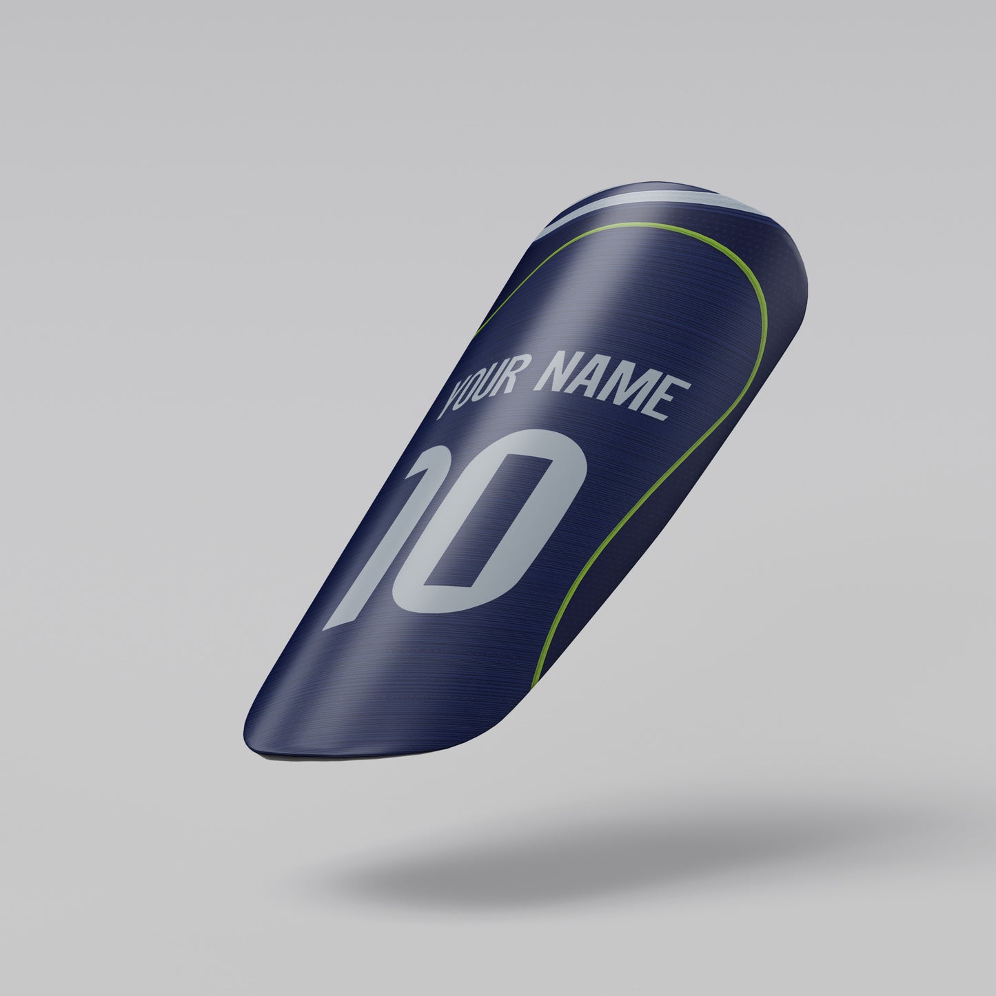 Navy blue sports equipment cover with customizable text on a gray background