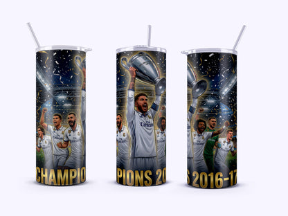 Three tumblers with soccer-themed designs featuring players and trophies on a white background.