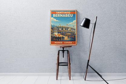 Poster of Santiago Bernabeu stadium on a stool against a gray wall with a floor lamp.