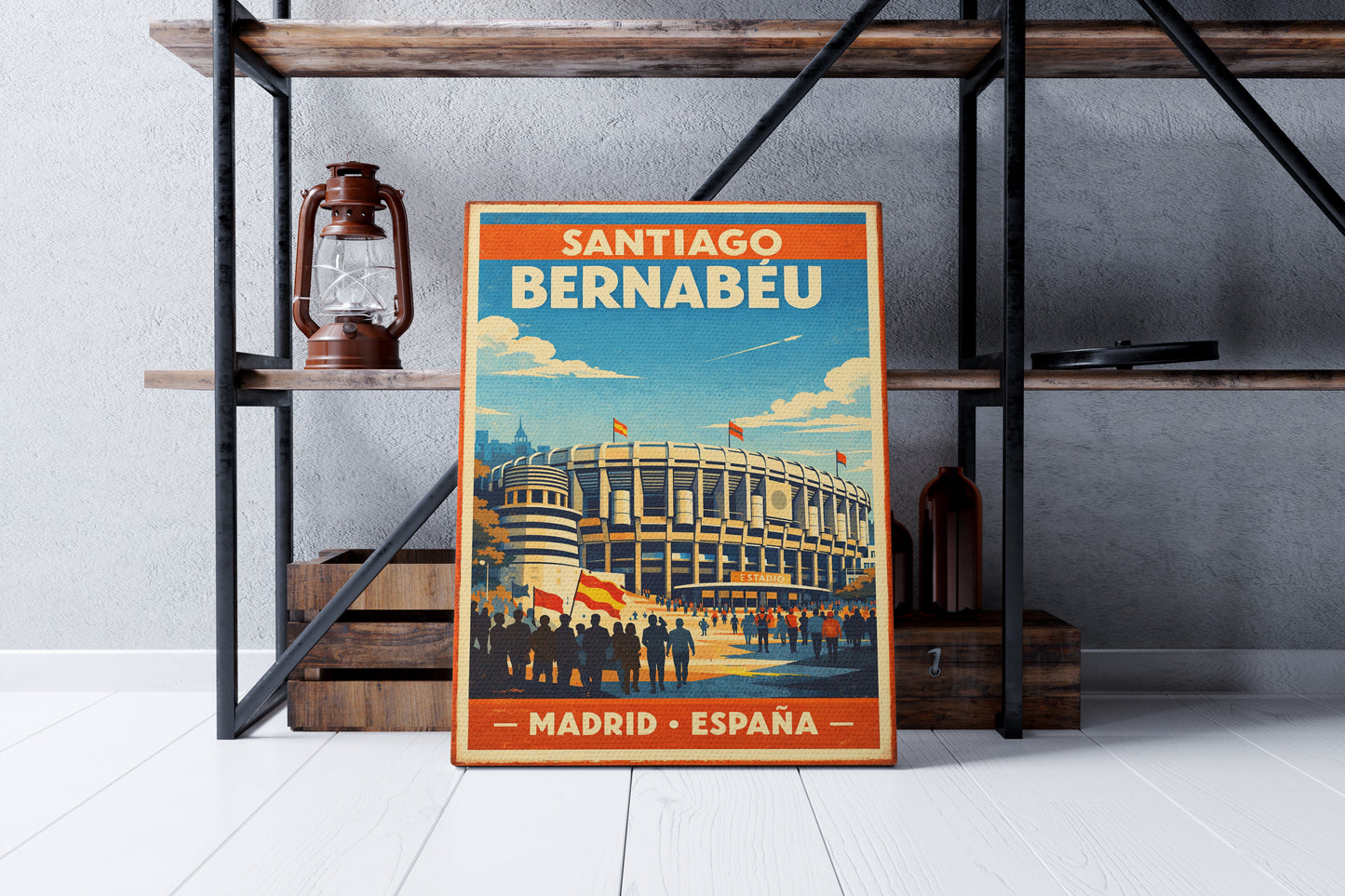 Poster of Santiago Bernabéu stadium in a room with shelves and a lantern.