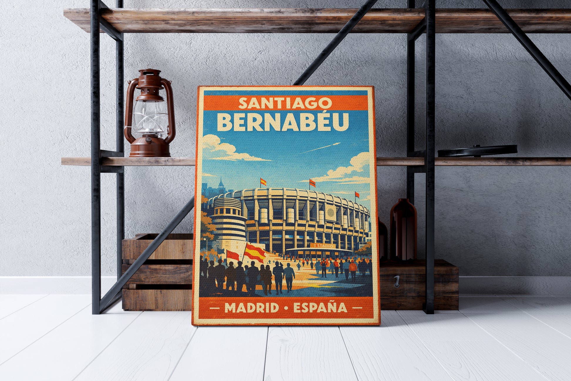 Poster of Santiago Bernabéu stadium in a room with shelves and a lantern.
