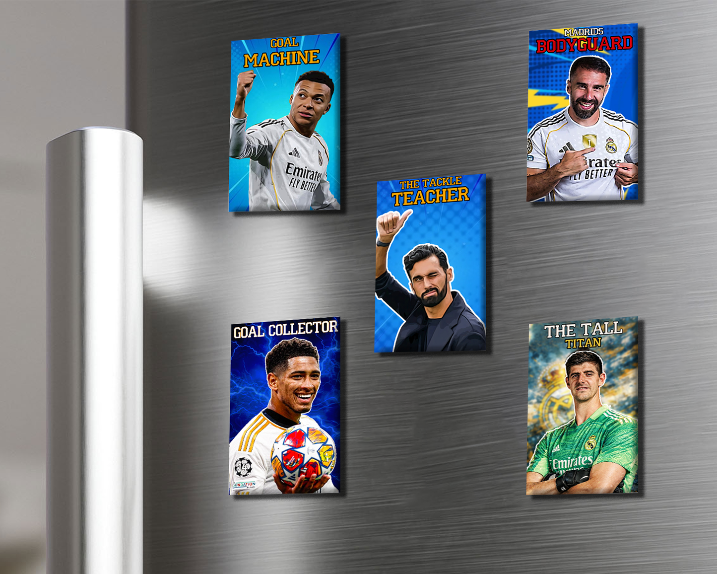 Fridge magnets with sports-themed designs on a metallic surface