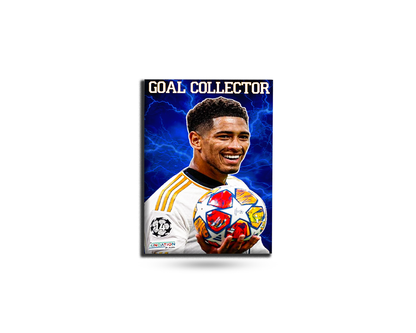 Soccer player holding a ball with 'Goal Collector' branding on a white background