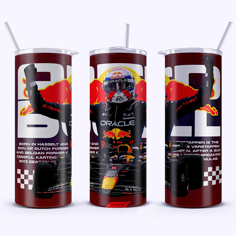 Three red and black themed tumblers with racing-themed graphics and text.