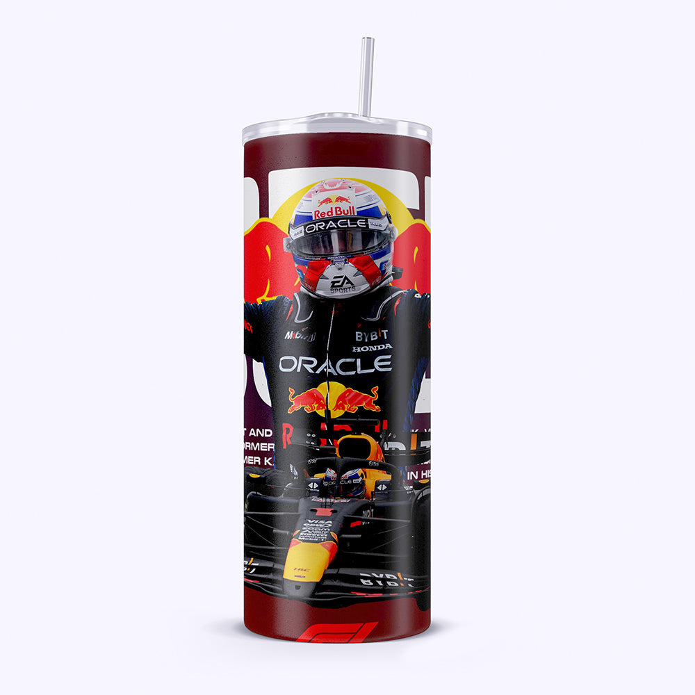 Tumbler with Formula 1 driver and Oracle branding on a white background
