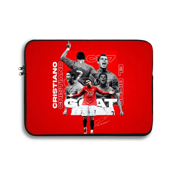 Laptop sleeve with soccer player images and text on a red background