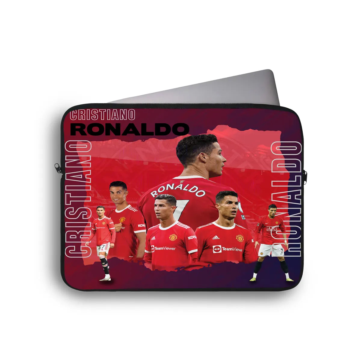 Laptop sleeve with Cristiano Ronaldo images and text on a red background
