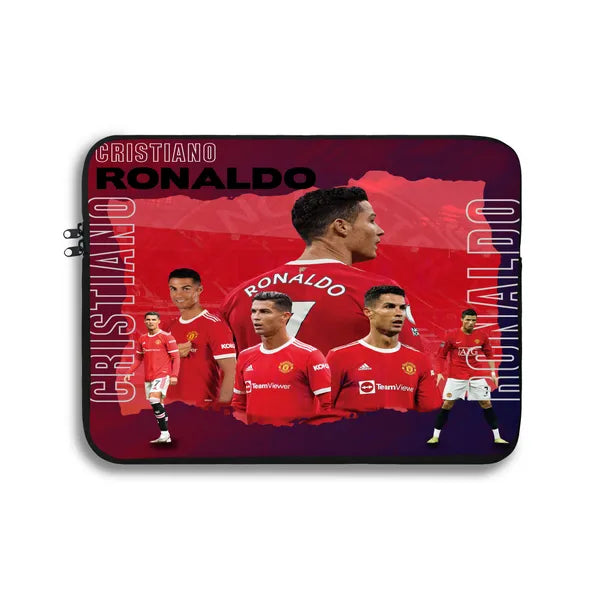Laptop sleeve with images of a soccer player in red jersey and text on a red and purple background