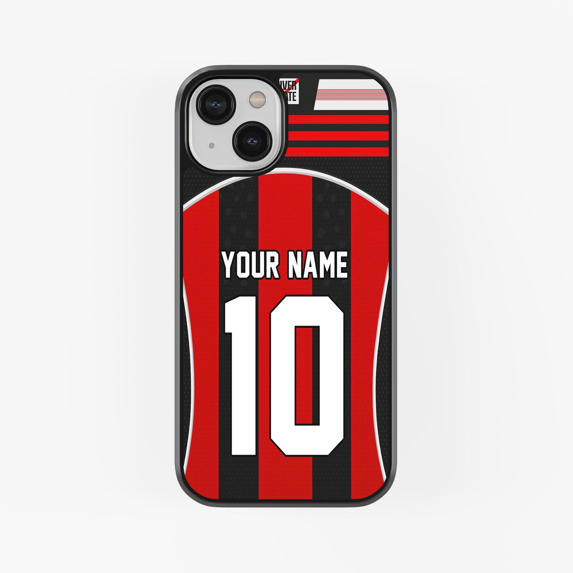 Phone case with red and black striped design, resembling a sports jersey, on a white background.