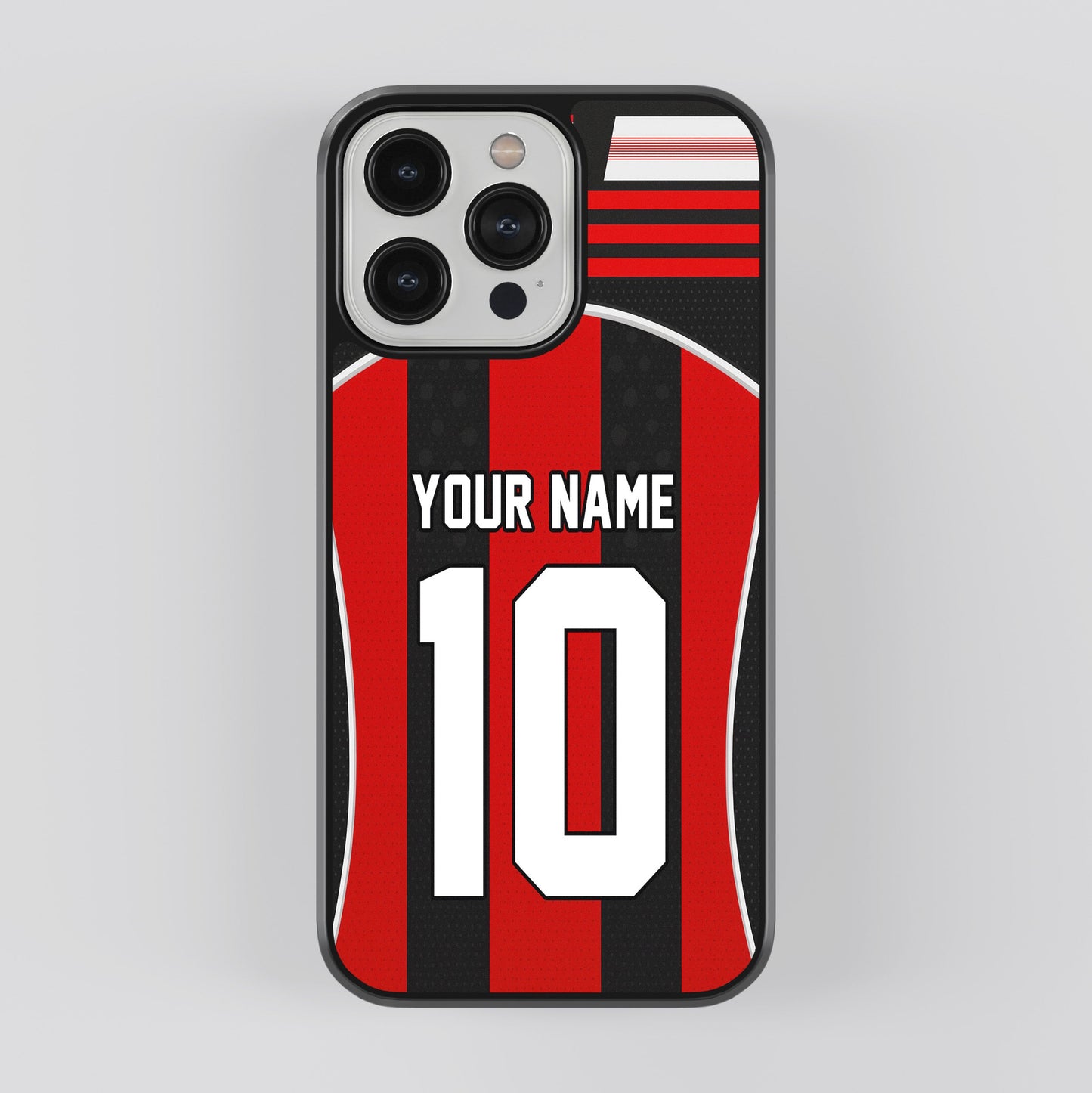 Phone case with red and black striped design on a gray background