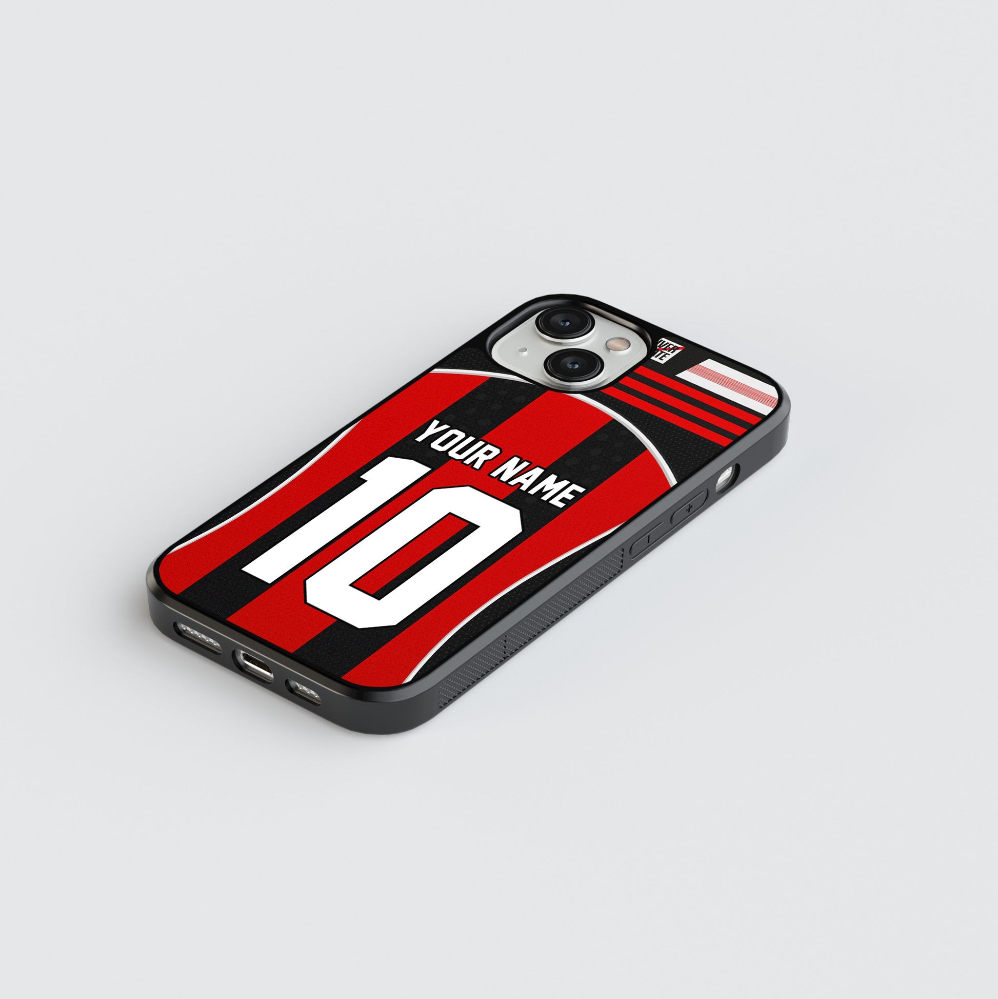 Phone case with customizable name and number on a gray background