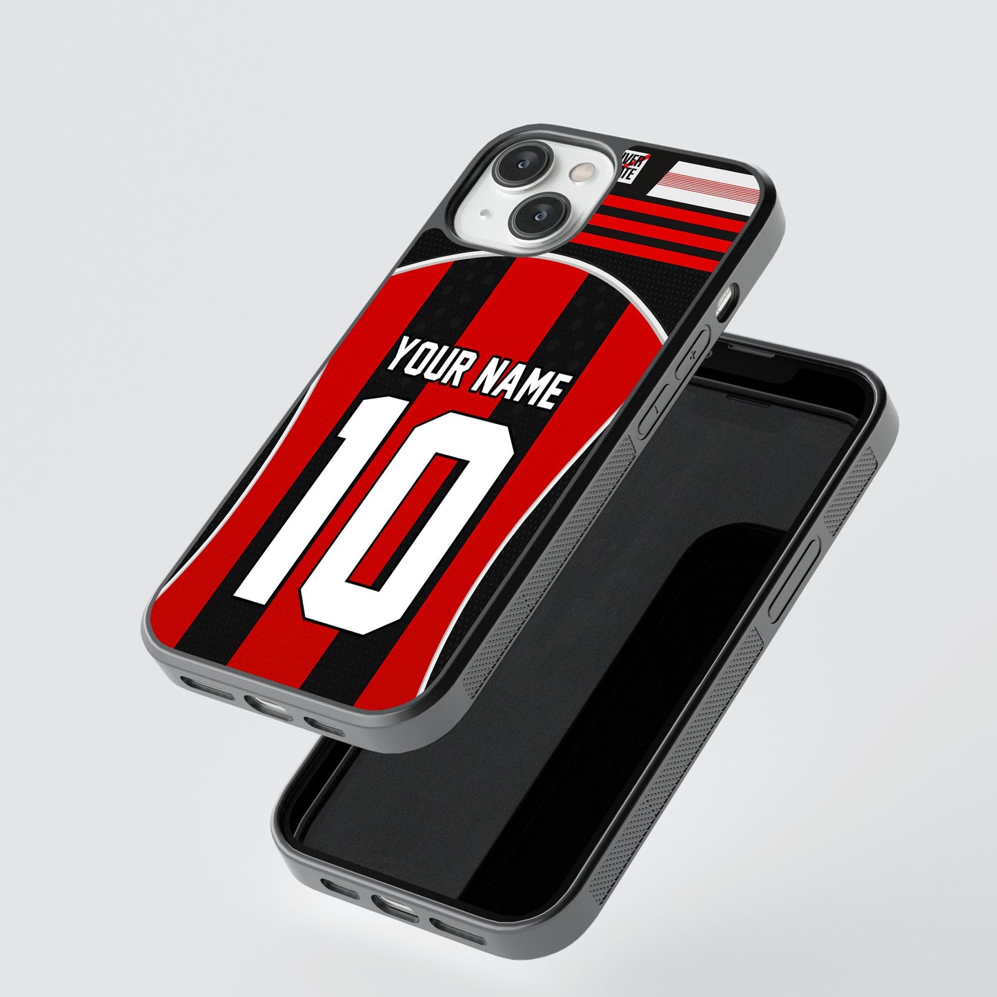 Phone case with red and black design, number 10, and space for personalization on a light gray background.
