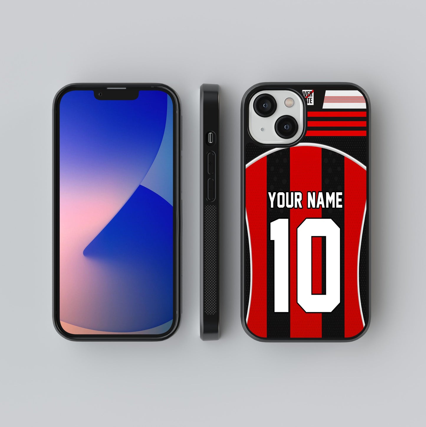 Phone case with red and black design and space for personalization on a gray background