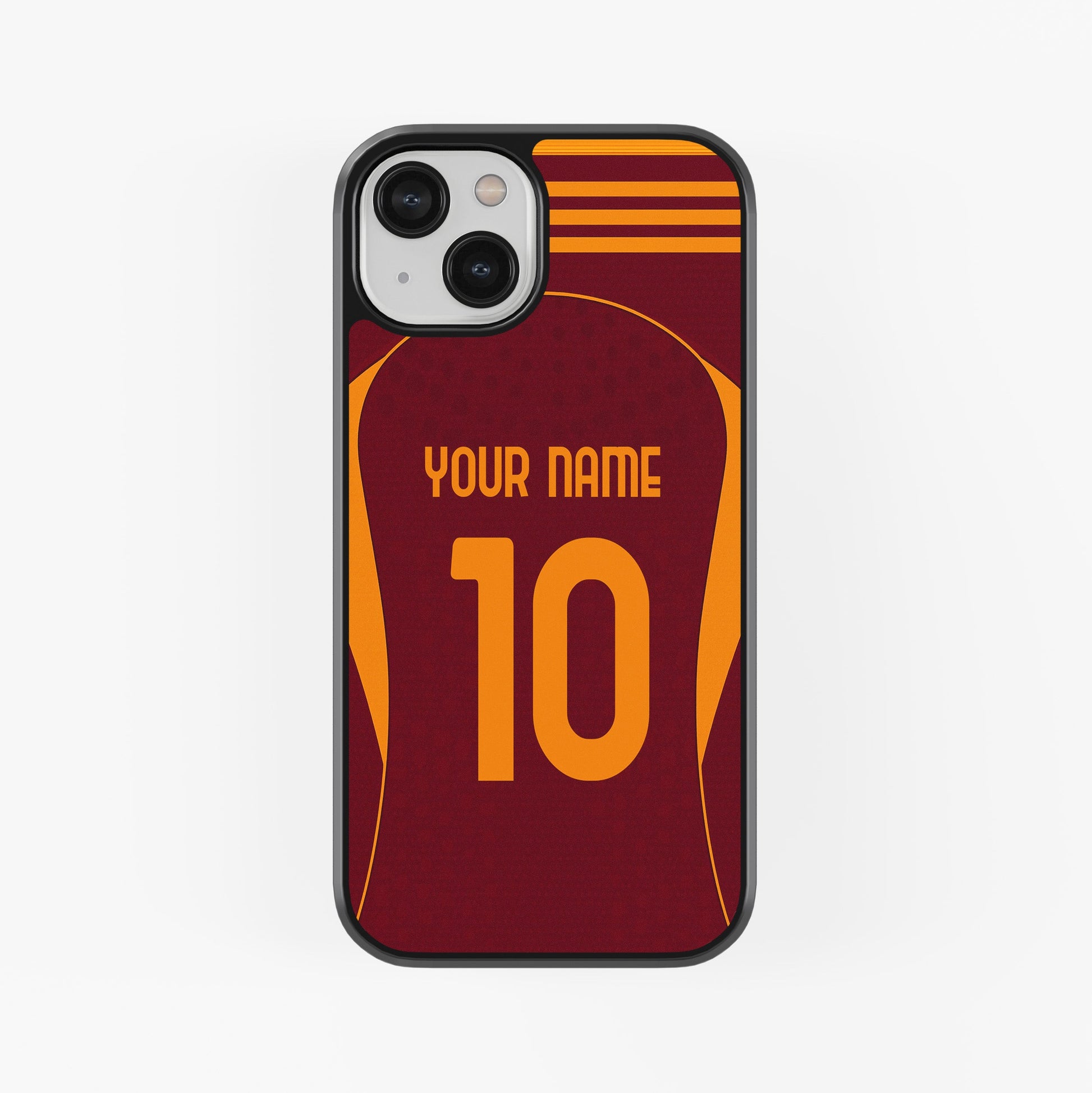 Phone case with maroon and orange design, customizable text, on a white background