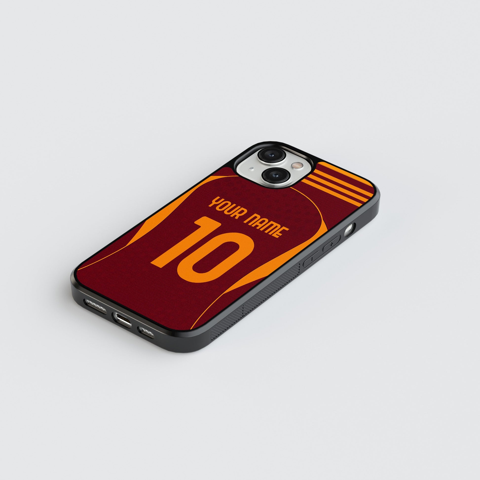 Phone case with customizable text on a gray background