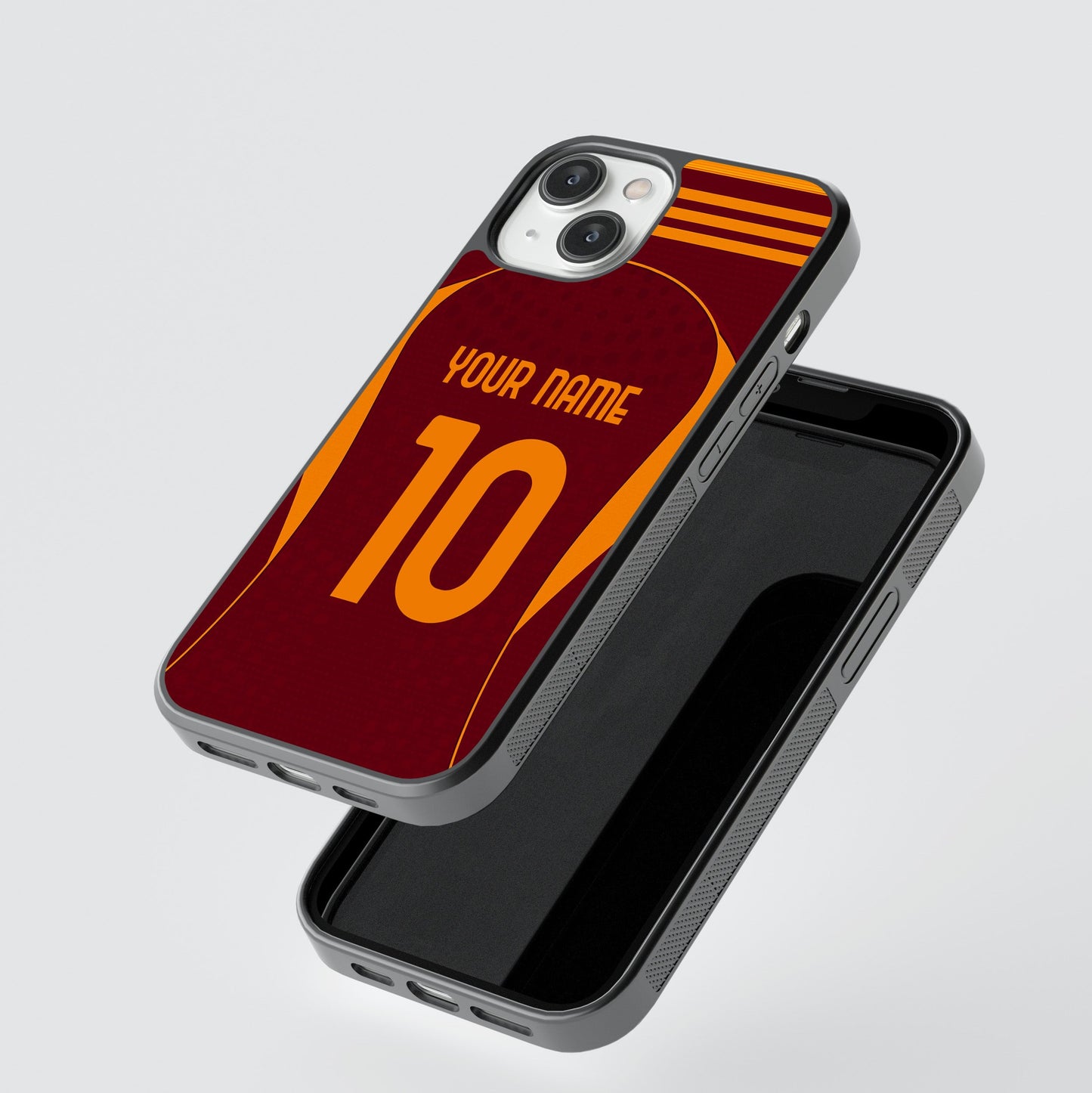 Phone case with customizable text on a gray background
