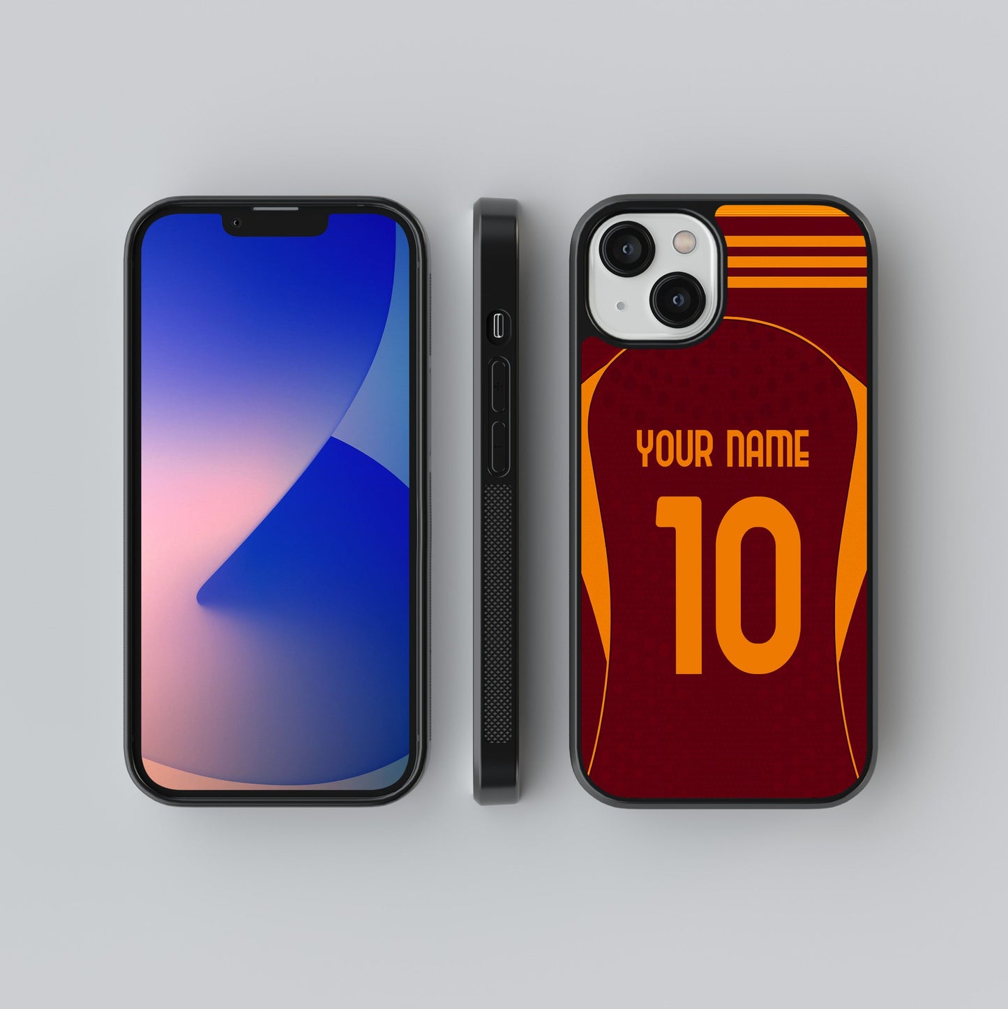 Phone case with customizable name and number design on a gray background