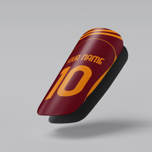 Phone case with yellow and blue design, customizable text, on a white background