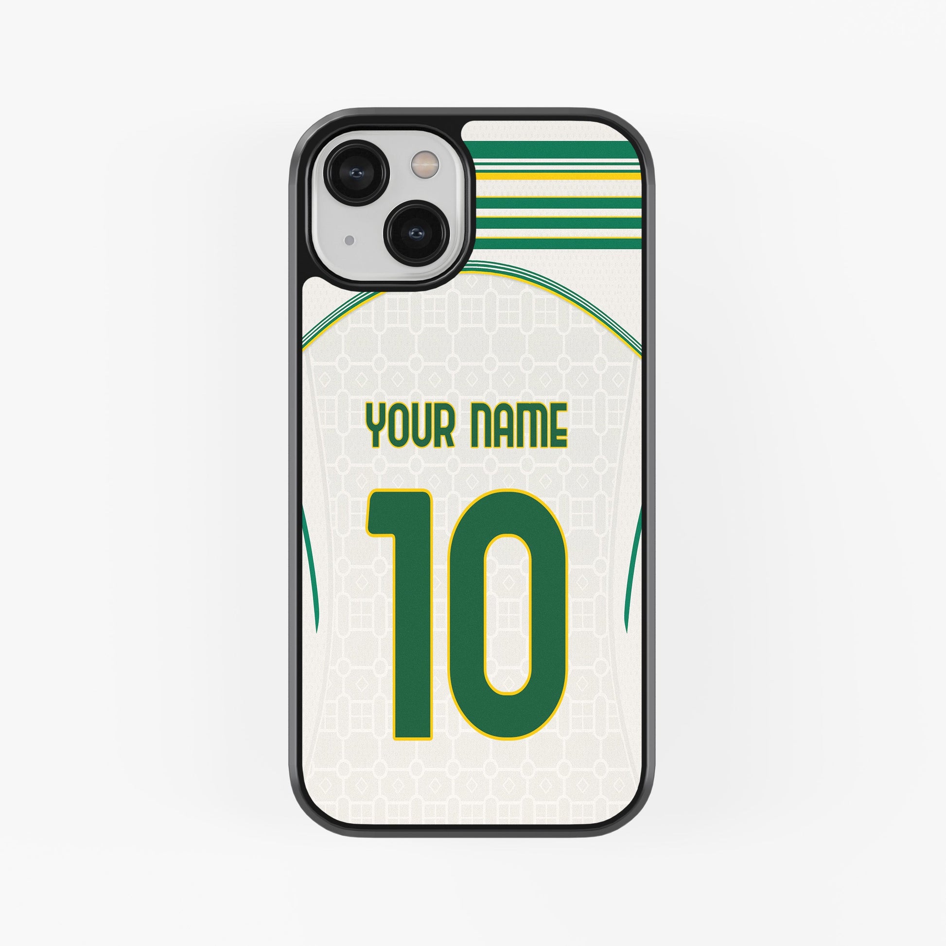 Phone case with green and white design, customizable text, on a light gray background