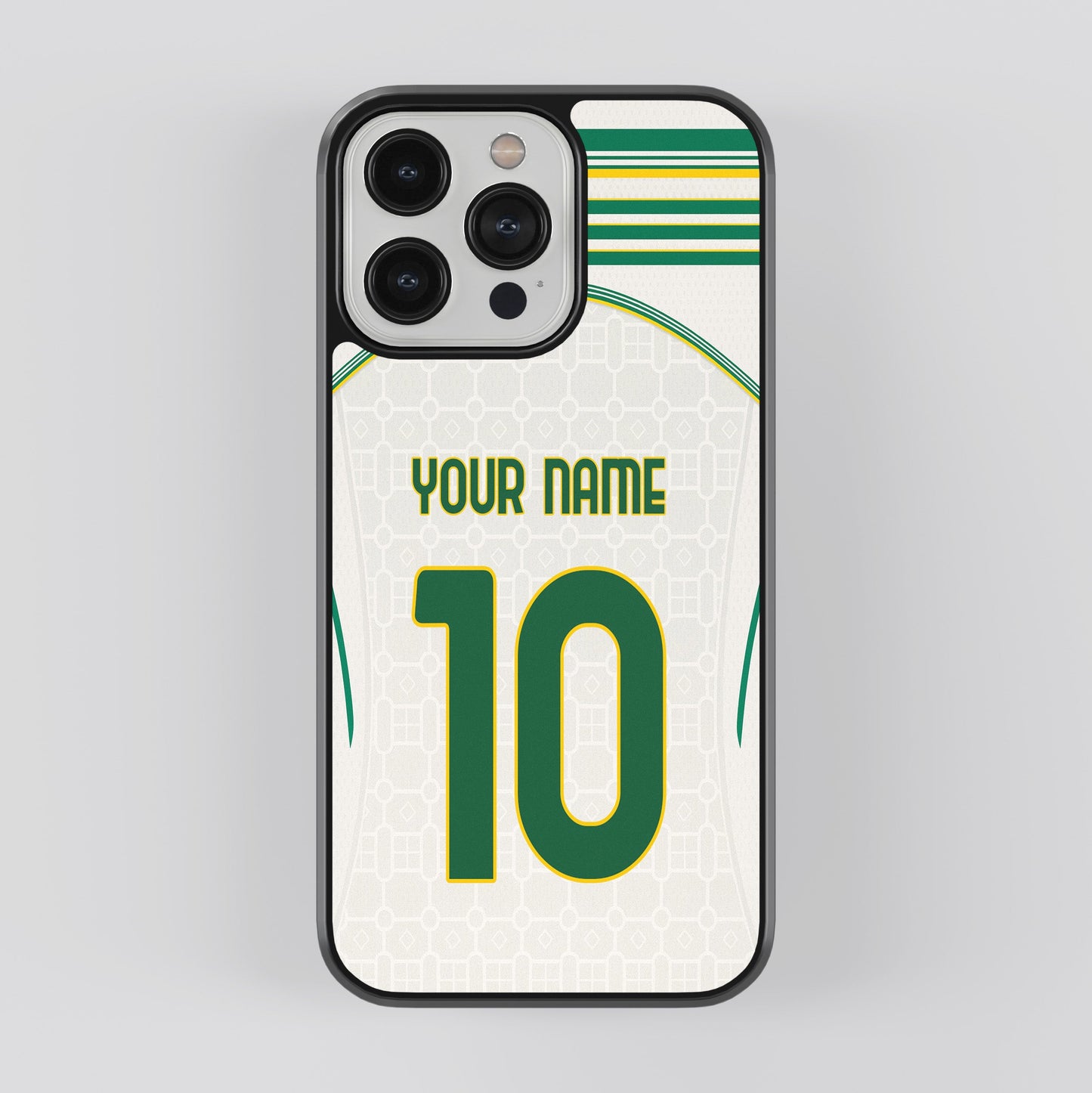 Phone case with green and white design, customizable text on a light gray background