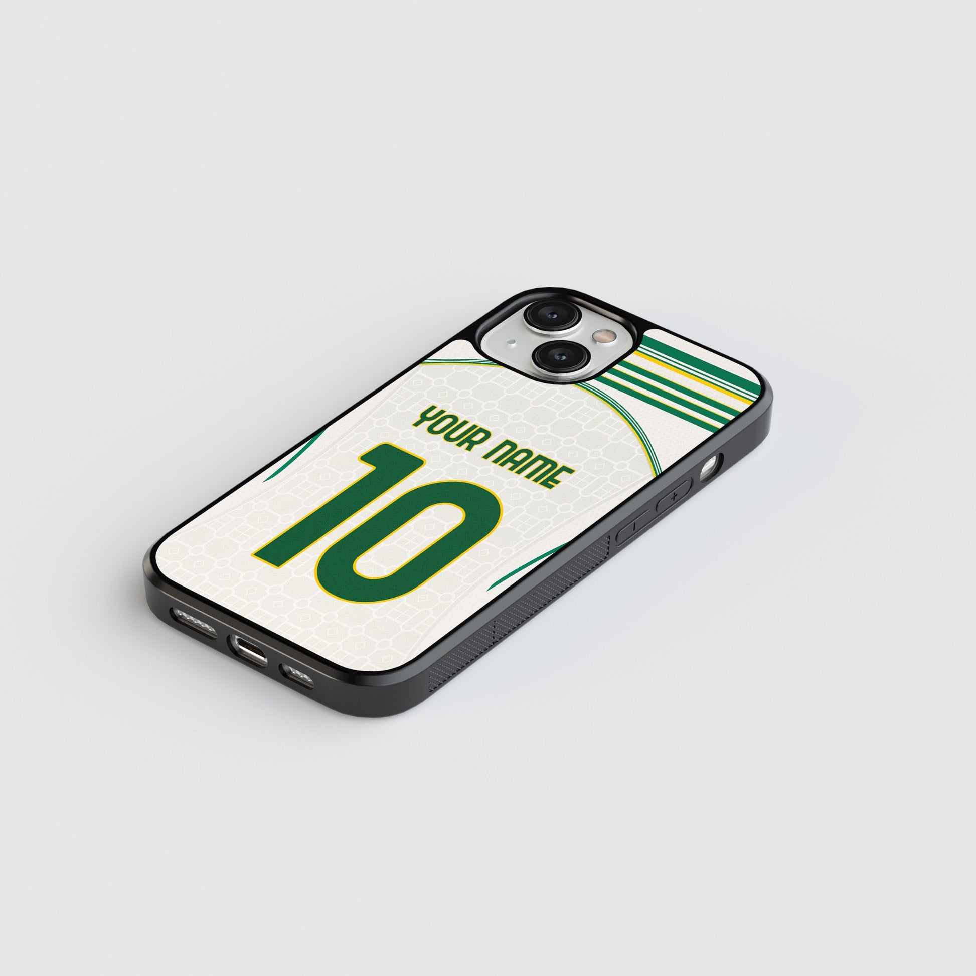 Phone case with customizable name and number on a light gray background