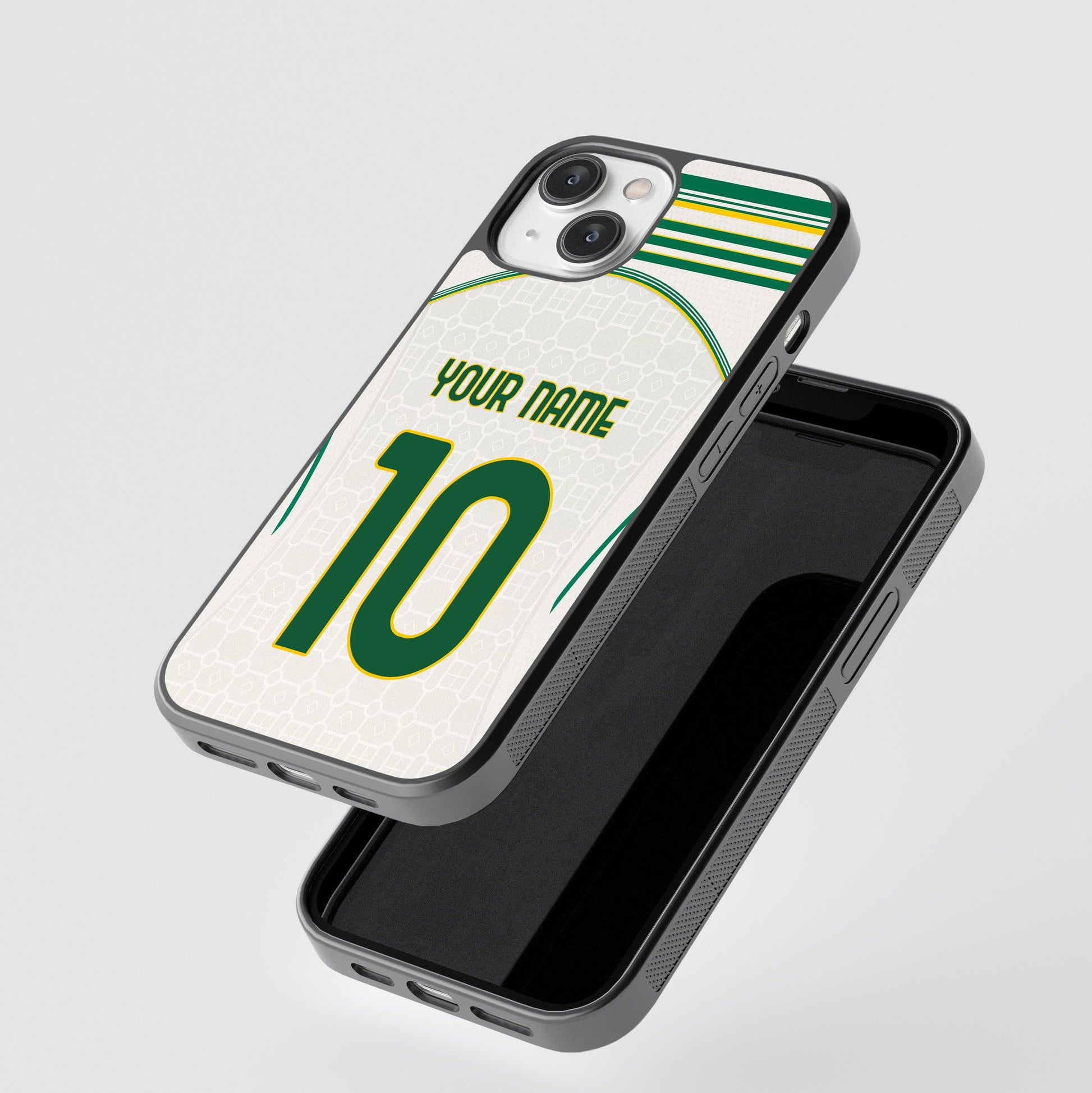 Phone case with customizable text on a light gray background