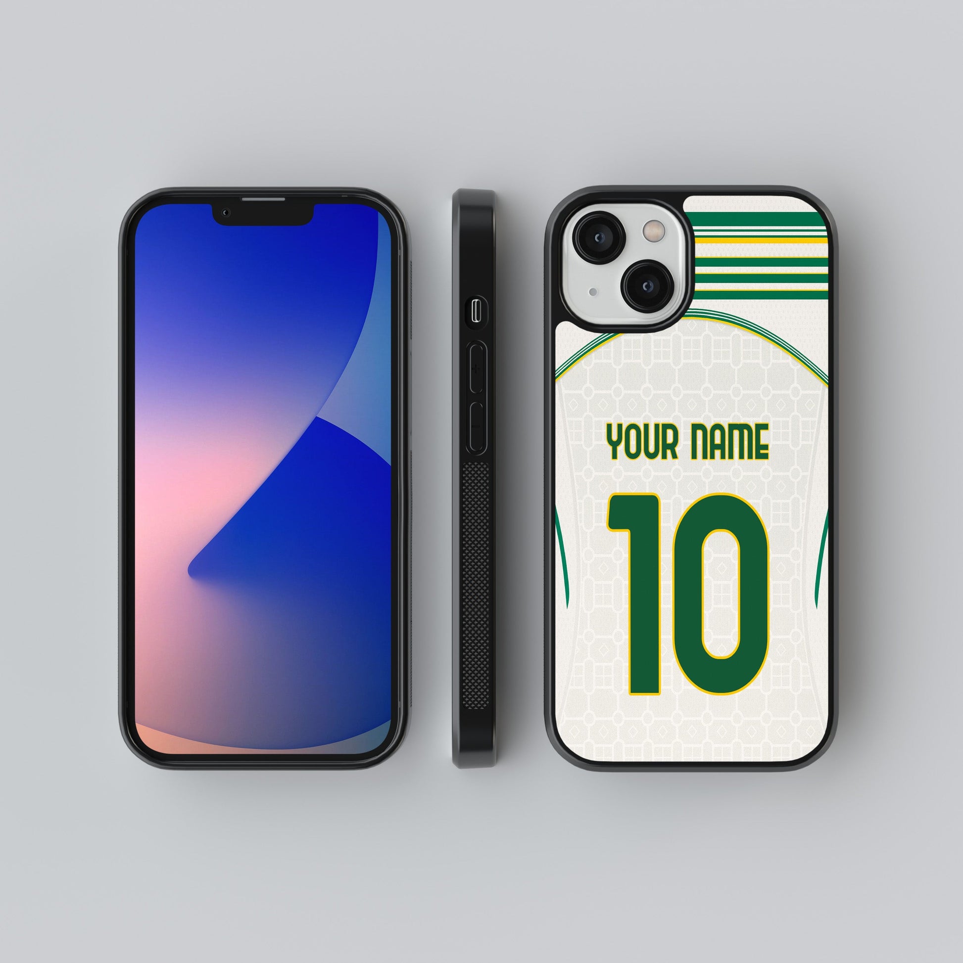 Phone case with customizable name and number design on a gray background