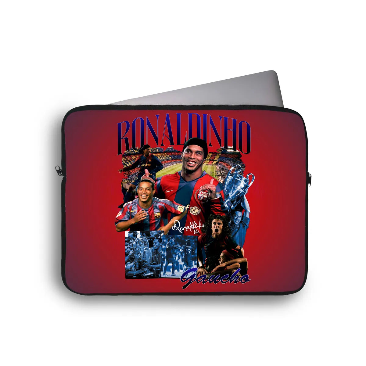 Laptop sleeve with a collage of a soccer player and text on a red background