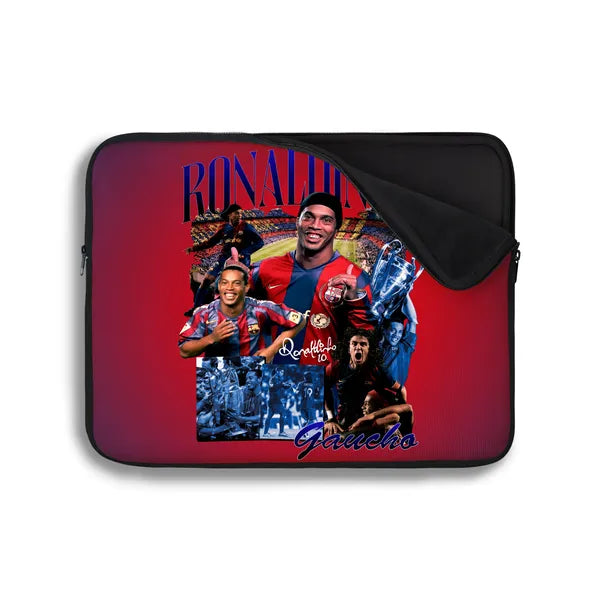 Laptop sleeve with a collage of a soccer player and text on a red background