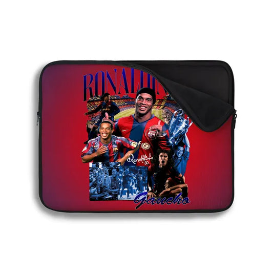 Laptop sleeve with a collage of a soccer player and text on a red background