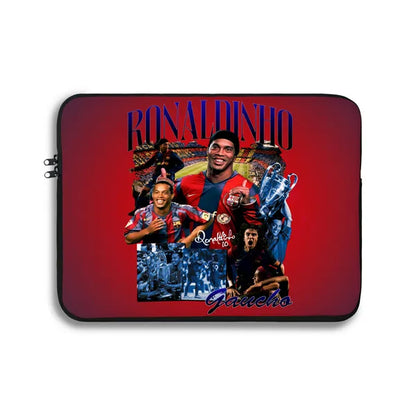 Laptop sleeve with images of a soccer player and text on a red background